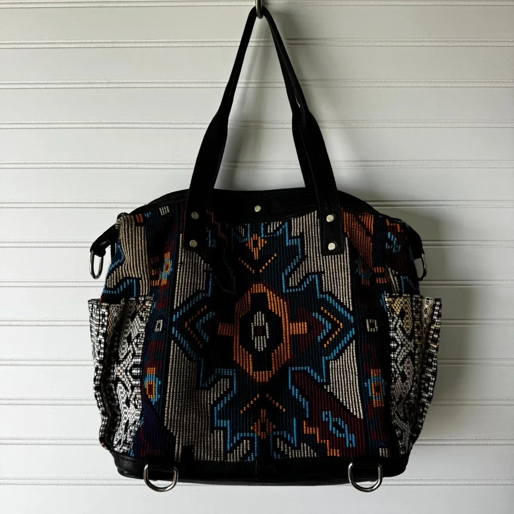 Maria's Artisan Shop Boho Tribal Woven Leather Tote‎ Bag Fringe Backpack - Picture 2 of 14
